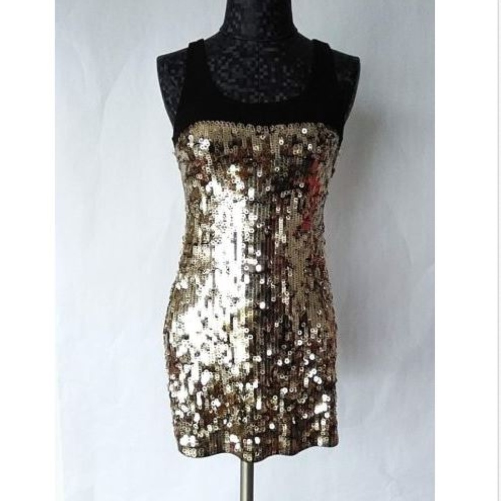 Express Top Black Gold Sequin Stretch Size XXS